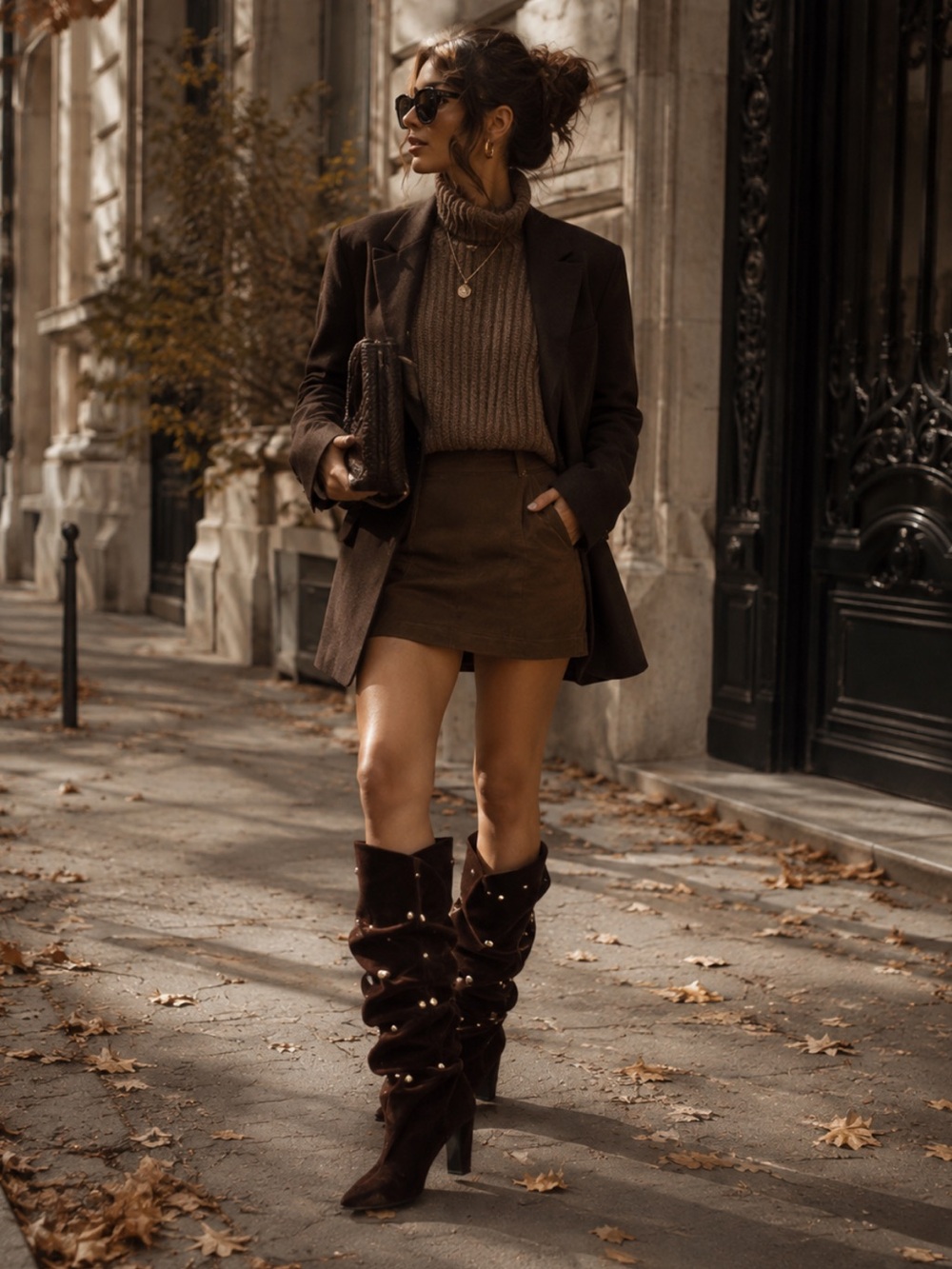 Zara Brown Velvet Studded Slouchy Knee High Boots Size 37